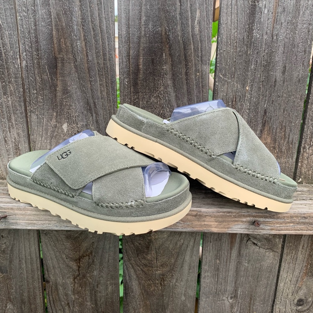 UGG Sandals Goldenstar Cross Platform Slide Moss Green Suede Leather - Picture 15 of 16